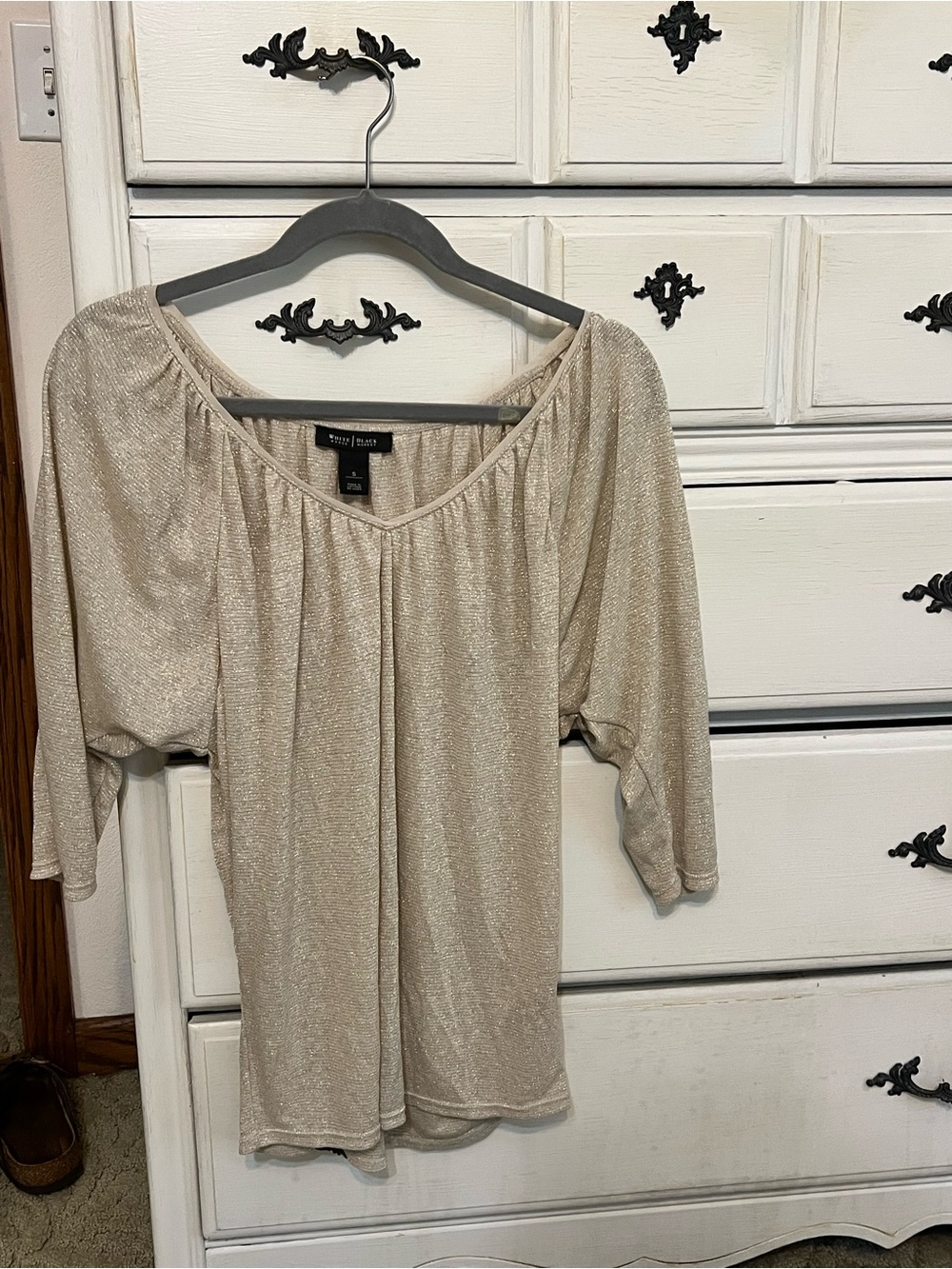 White House Black Market Shimmery Metallic Gold V Neck short sleeve Top